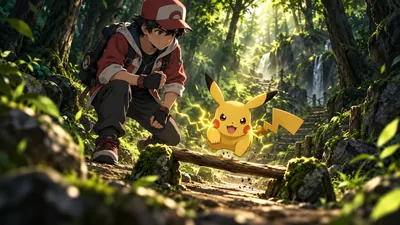 Treinador e Pikachu em uma sessão de treinamento
